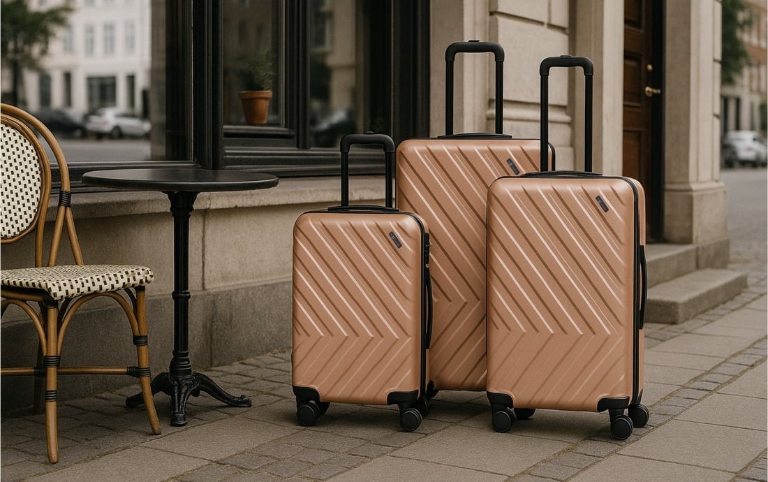 Gold-coloured luggage set in three sizes outside a café