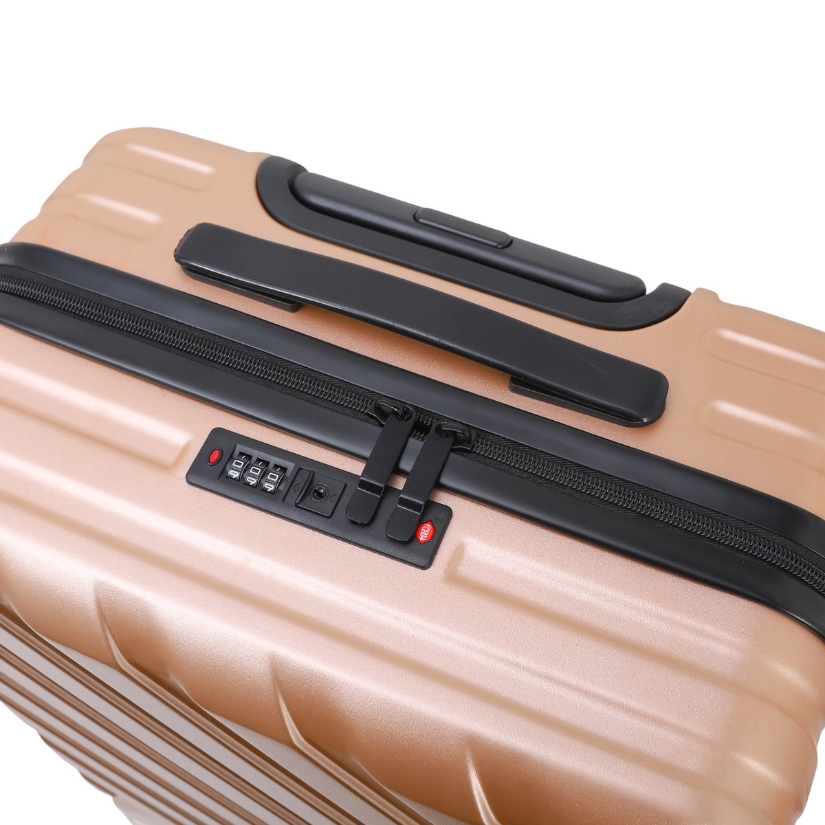 Nomado Horizon 2.0 suitcase in gold with a TSA lock and a zipper – detail view, angled view