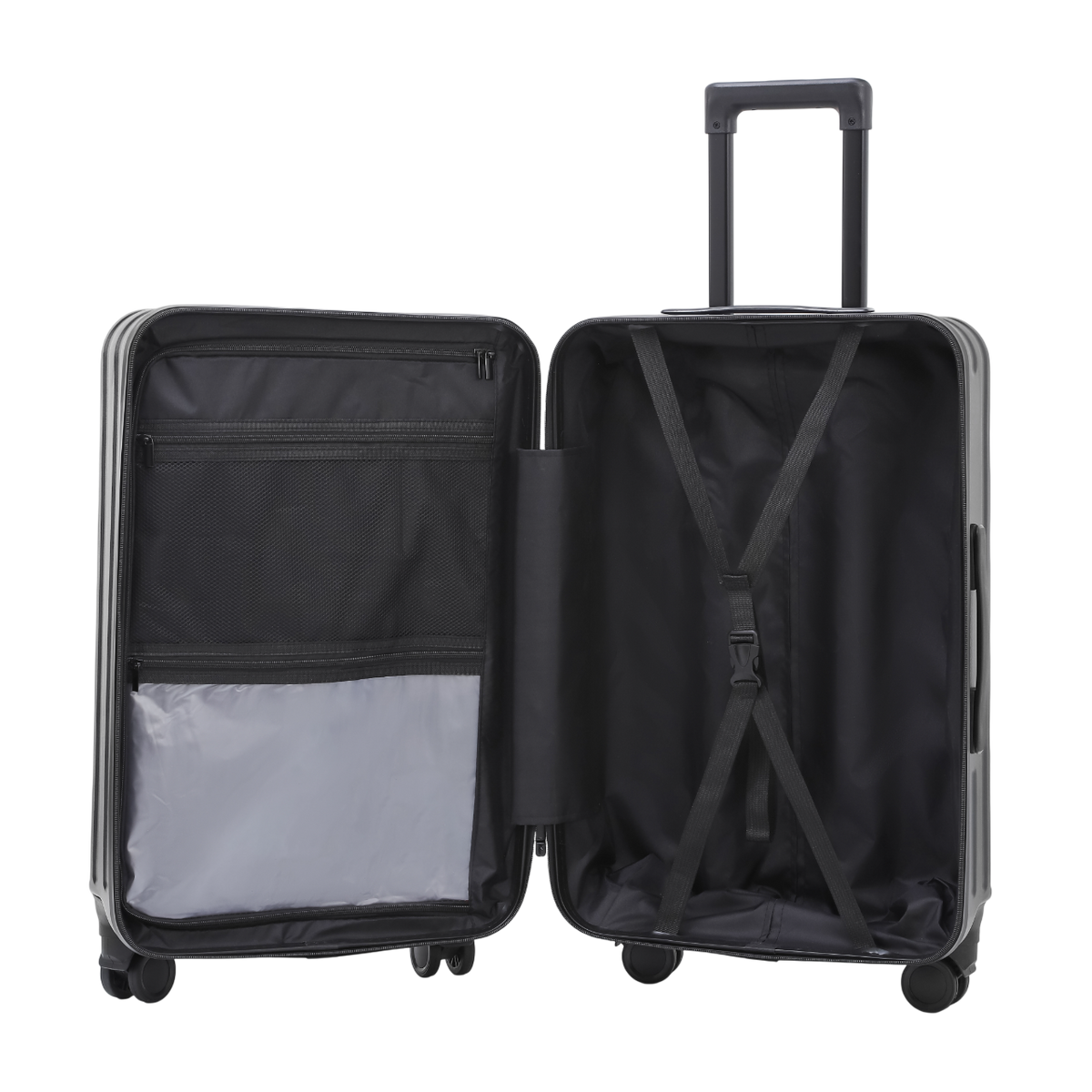 Horizon 2.0 suitcase in black with zippered pockets, a packing system and an elastic strap – open