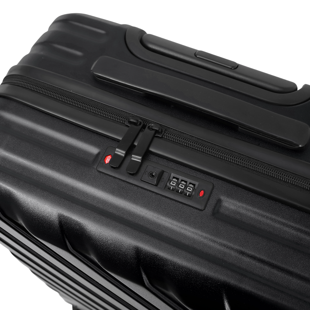 Horizon 2.0 suitcase in black with a TSA lock and a zipper – close-up