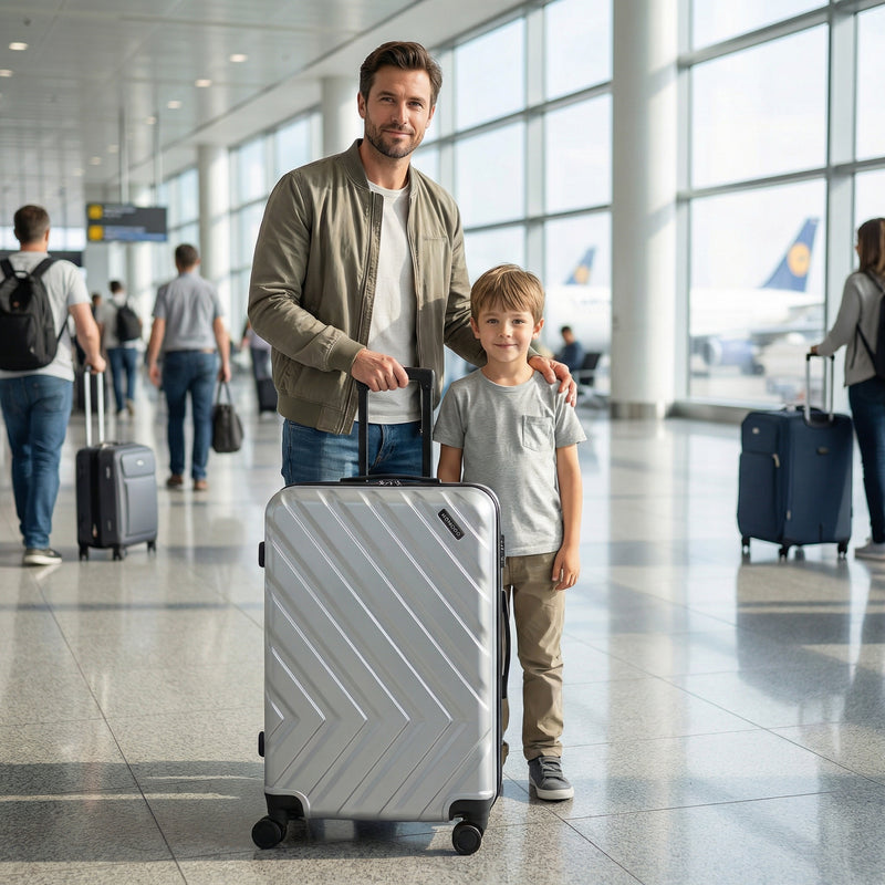 Man and boy with a silver-grey Nomado suitcase at an airport with a plane in the background