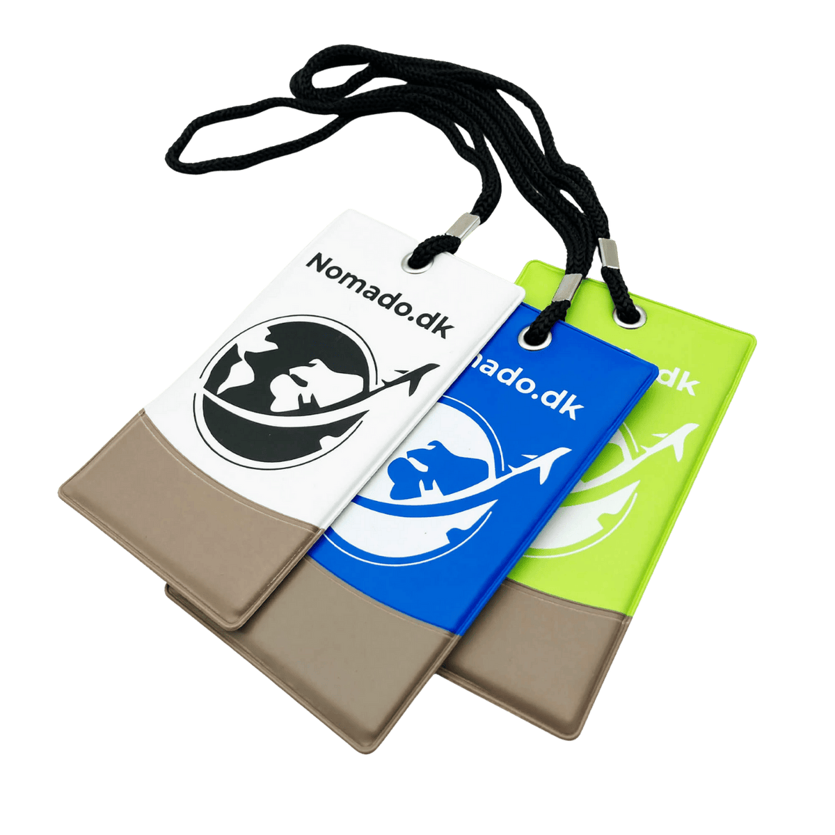 White, blue and green Nomado luggage tags against a black background